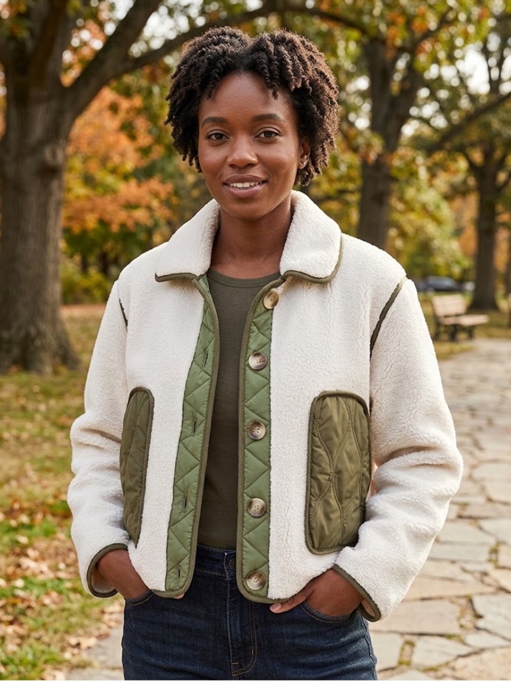 Blank NYC - Cream Faux Fur Jacket with Olive Quilted Trim